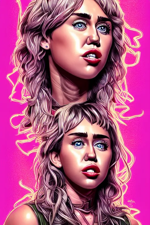 Image similar to a portrait of miley cyrus with long hair, drawn by robbie trevino and dan mumford, poster, digital art, comic art, concept art,, single head, no double head,