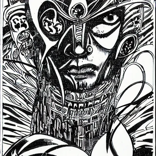 Prompt: a black and white drawing of a face, a comic book panel by philippe druillet, behance, neoism, wiccan, woodcut, tarot card