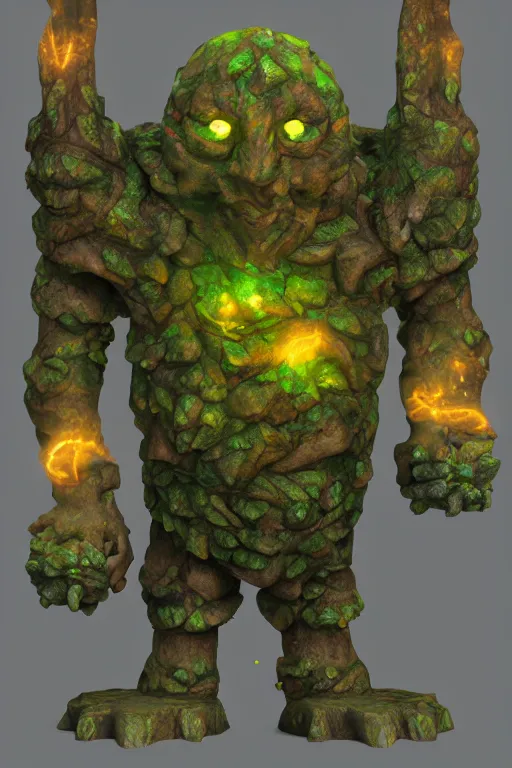 Image similar to arcane fantasy art giant golem elemental wood rock bastion forged gemstone enchanted forest troll, global illumination ray tracing hdr fanart arstation by sung choi and eric pfeiffer and gabriel garza and casper konefal lisa frank zbrush central hardmesh radiating a glowing aura