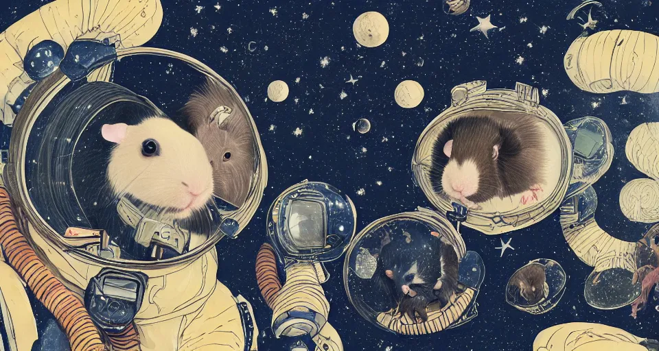 Image similar to guineapigs's portrait on the cover of vogue magazine flying in space suits, deep dark universe, twinkling and spiral nubela, warmhole, beautiful stars, 4 k, 8 k, by hokusai, samurai man vagabond, detailed, editorial illustration, matte print, concept art, ink style, sketch, digital 2 d