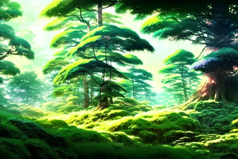 Prompt: painting of a forest by katsuhiro otomo, yoshitaka amano, nico tanigawa, artgerm, greg rutkowski makoto shinkai takashi takeuchi studio ghibli, akihiko yoshida rendered with intense 3 d effect