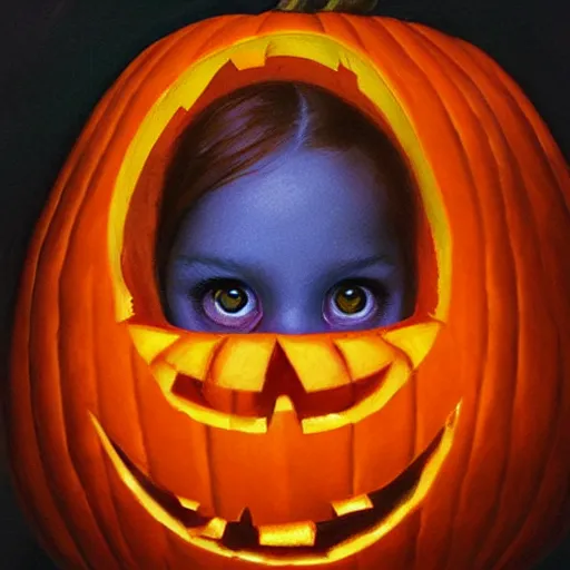 Prompt: a little girl with short wavy curly light brown hair and blue eyes with her face painted like a jack o lantern pumpkin. halloween themed painting by artgerm and greg rutkowski.