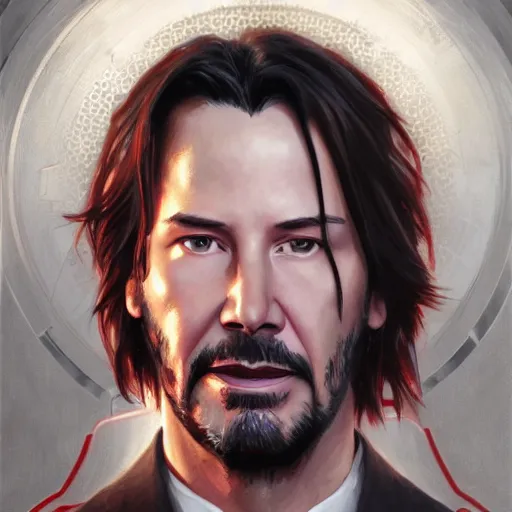 Image similar to Portrait of Keanu Reeves in the Ironman suit, elegant, digital painting, highly detailed, fantasy, artstation, concept art, smooth, sharp focus, illustration, art by artgerm and greg rutkowski and alphonse mucha