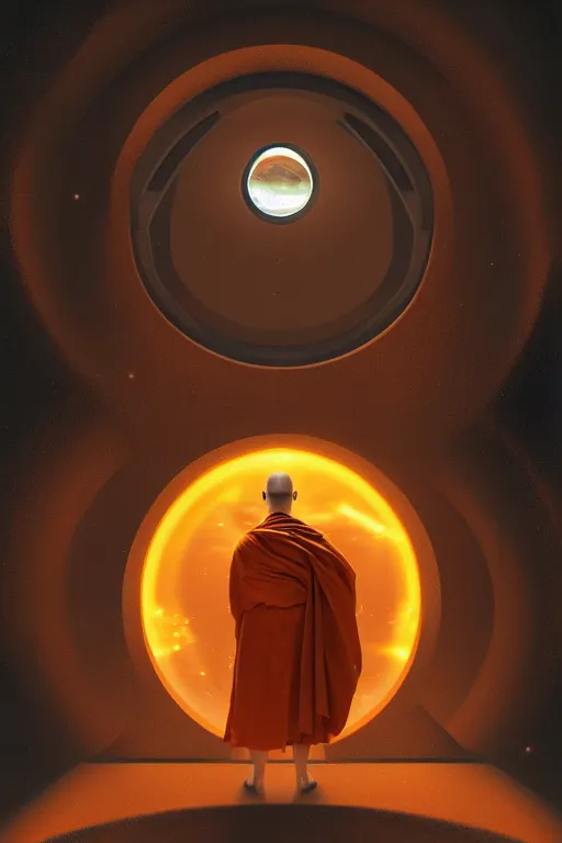 Image similar to portrait of a monk in a spaceship, round window, exploding star, orange robe, dramatic lighting, artstation, matte painting, ralph mcquarrie