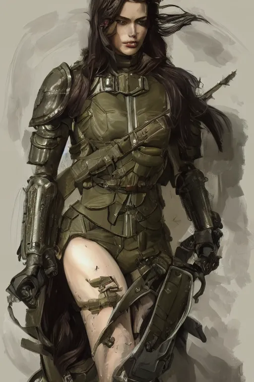 Image similar to a finely detailed portrait of an attractive young woman, clothed in military armor, olive skin, long dark hair, beautiful bone structure, symmetrical facial features, intricate, elegant, digital painting, trending on Artstation, concept art, smooth, sharp focus, illustration, from Metal Gear by Ruan Jia and Mandy Jurgens and Artgerm and William-Adolphe Bouguerea, award winning