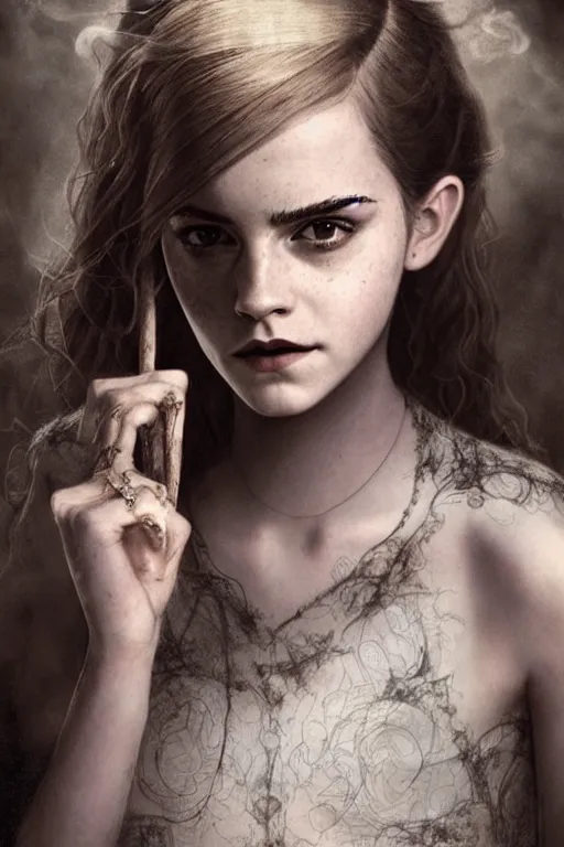 Image similar to a mix of of emma watson, anya taylor - joy and emma stone, evil sorceress witch, game of thrones scenes, hyperrealism, octane render, extremely detailed, intricate smoke magic, lace, style of mark ryden, earl nore, hyung tae, frank frazetta