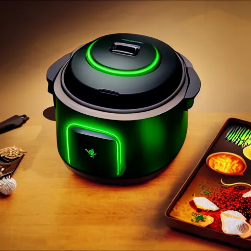 Prompt: Razer Gaming Rice cooker. Artistic Render, 8k, Octane, RGB.