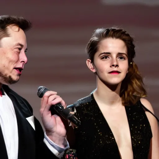 Image similar to elon musk & emma watson performing at woodstock