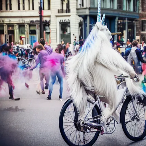 Image similar to unicorn riding on bikes in the city