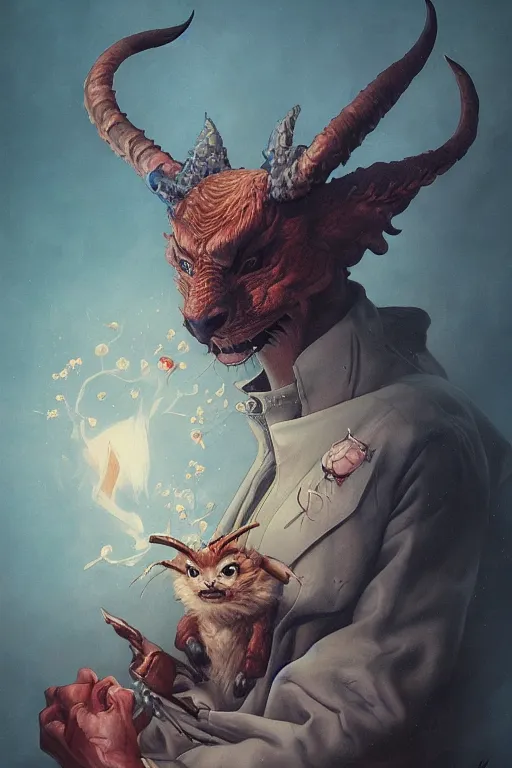 Image similar to a portrait of a devil animal illustrated by miyazaki by karol bak, james jean, tom bagshaw, rococo, sharp focus, trending on artstation, cinematic lighting, hyper realism, octane render, 8 k, hyper detailed, vivid, ultra detailed, highly detailed