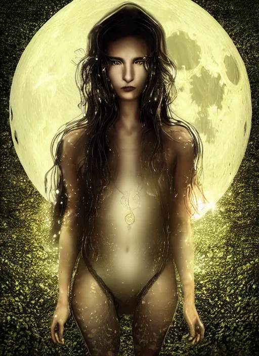 Image similar to glowing silver and golden elements, full close-up portrait, young female face model as a dark witch in front of the full big moon, book cover, green forest, red white black colors, establishing shot, extremly high detail, photo-realistic, cinematic lighting, pen and ink, intricate line drawings, by Yoshitaka Amano, Ruan Jia, Kentaro Miura, Artgerm, post processed, concept art, artstation, matte painting, style by eddie, raphael lacoste, alex ross