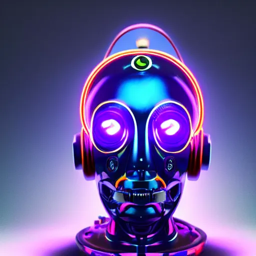 Prompt: a glossy claymodel of a dieselpunk aztec futurism robot head with glowing headphones, 8 k, symetrical, flourescent colors, halluzinogenic, multicolored, very detailed, black background, 3 d render,