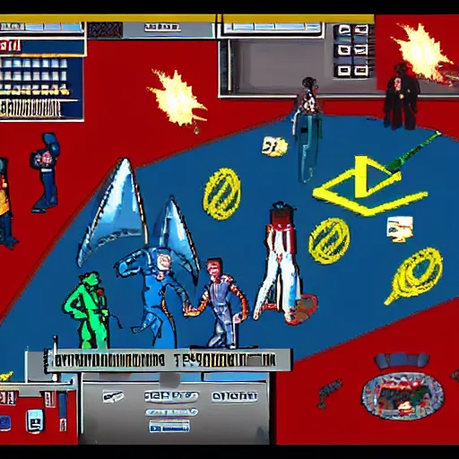 Prompt: screenshot from 1 9 9 0 s point and click star trek game showing a group of characters in red, blue, gold star trek uniforms on an alien planet