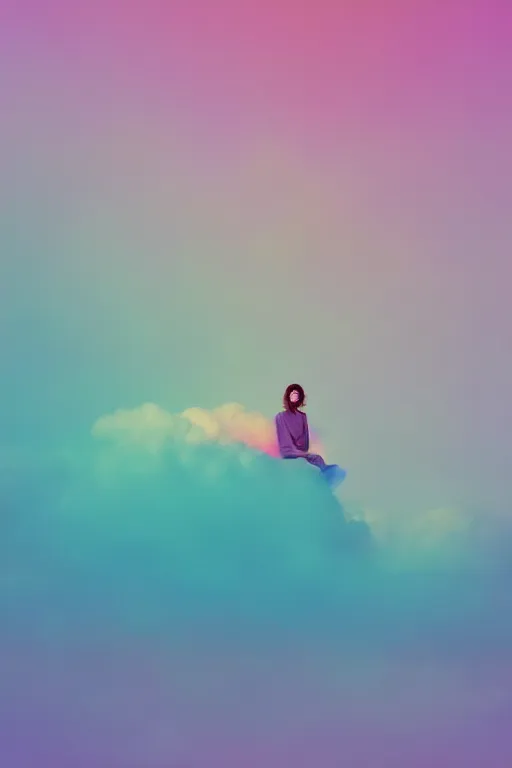 Image similar to high quality pastel coloured film photograph of a model wearing clothing resting on cloud furniture on clouds in a haze filled dreamstate world. three point light, rainbow. photographic production. art directed. pastel colours. volumetric clouds. pastel gradient overlay. waves glitch artefacts. 8 k. filmic.