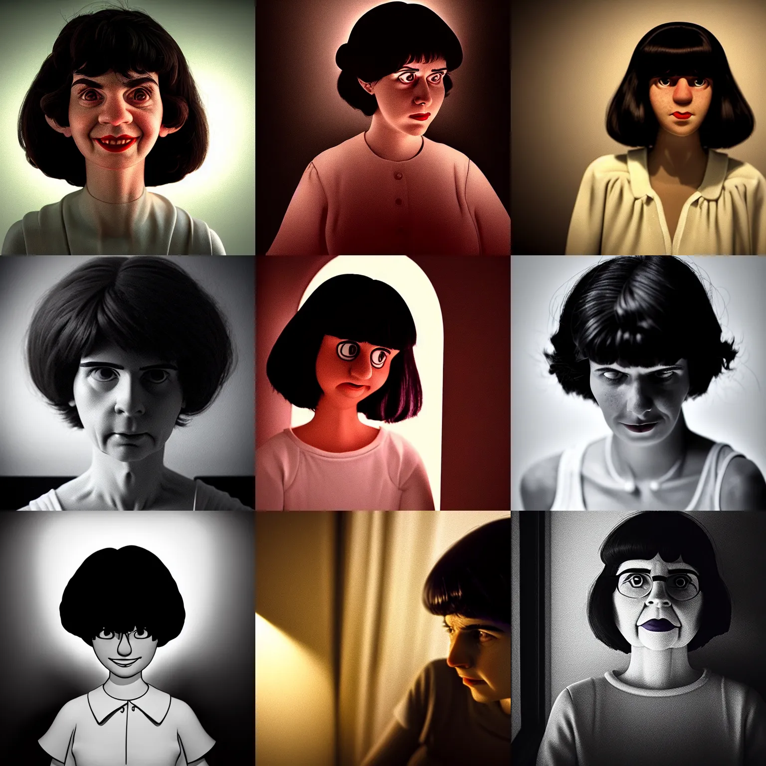 Image similar to mafalda as a real person in a dark room with a soft light on her head, photorealistic, highly detailed, cinematic atmosphere, dramatic