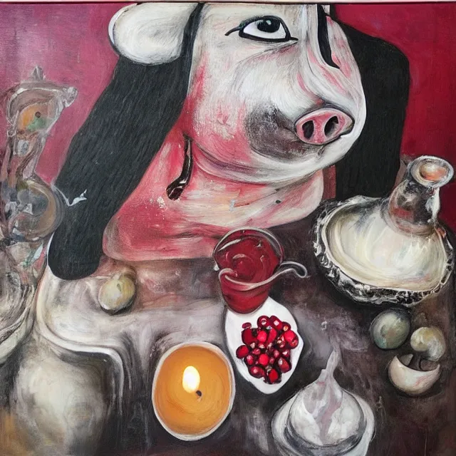 Prompt: “ a portrait in a female art student ’ s apartment, sensual, a pig theme, pork, pottery supplies, sculpture work in progress, a candle dripping white wax, pottery glaze, squashed berries, berry juice drips, acrylic and spray paint and oilstick on canvas, surrealism, neoexpressionism ”