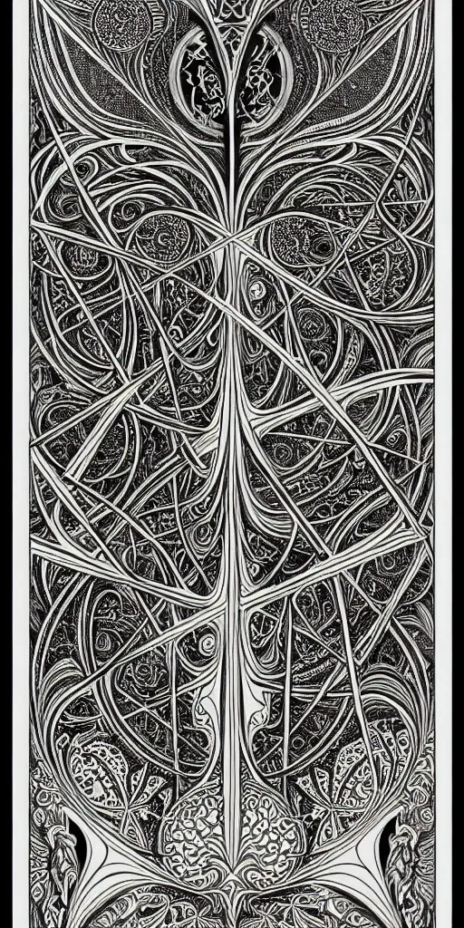 Image similar to a beautiful black and white fractal tarot card featuring bold occult imagery with clean lines. haeckel. detailed adult coloring book