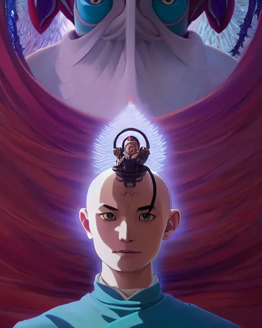 Image similar to highly detailed surreal vfx portrait of a sacred avatar last air bender, stephen bliss, unreal engine, greg rutkowski, loish, rhads, beeple, makoto shinkai and lois van baarle, ilya kuvshinov, rossdraws, tom bagshaw, alphonse mucha, global illumination, detailed and intricate environment