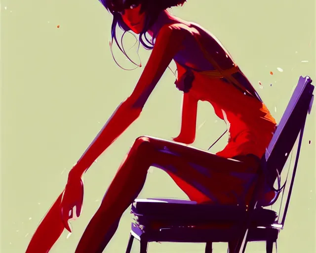 Image similar to a ultradetailed beautiful panting of a stylish woman sitting on a chair, by conrad roset, greg rutkowski and makoto shinkai, trending on artstation