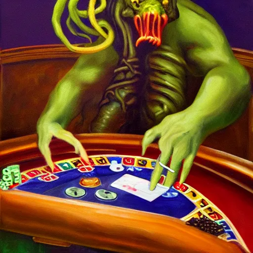 Prompt: oil painting of cthulhu playing in a casino, masterpiece