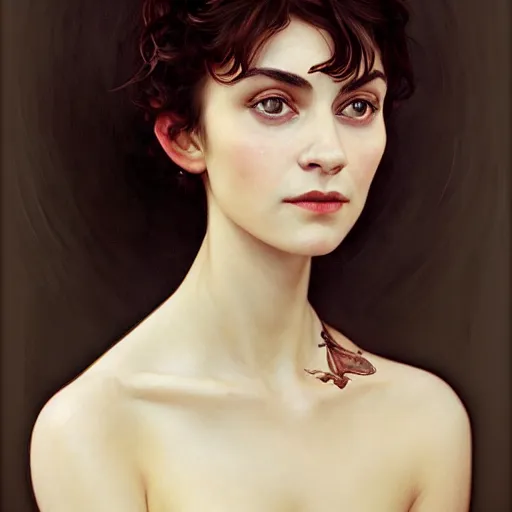 Image similar to portrait of a welsh girl with brown hair, glowing skin, delicate features, amelie poulain, young audrey tautou, fantasy, intricate, elegant, highly detailed, digital painting, artstation, concept art, smooth, sharp focus, illustration, art by Krenz Cushart and Artem Demura and alphonse mucha