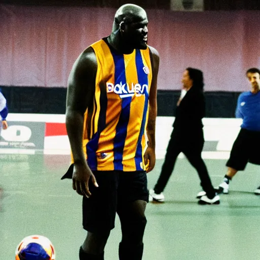 Prompt: Shaquille O'Neal playing soccer with FC Barcelona