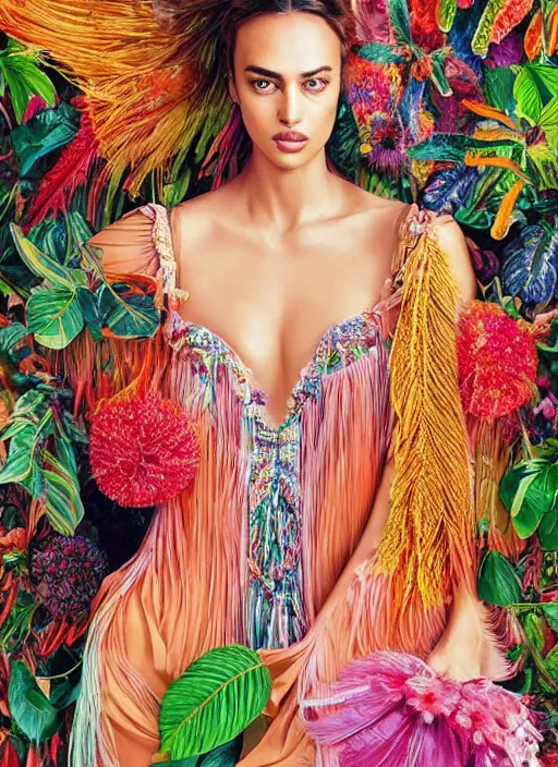 Image similar to beautiful portrait of Irina Shayk wearing fantastic Hand-dyed cotton dress,embellished beaded feather decorative fringe knots ,colorful pigtail,subtropical flowers and plants,symmetrical face,summer,intricate,elegant,highly detailed,8k,post-processing,digital painting,trending on pinterest, GUCCI,vogue,concept art, sharp focus, illustration, by artgerm,Tom Bagshaw,Lawrence Alma-Tadema,greg rutkowski,alphonse Mucha