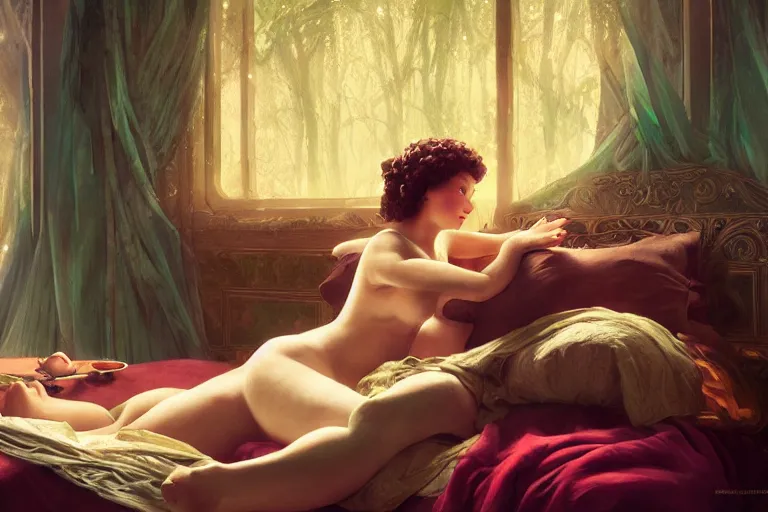 Image similar to russian poet alexander pushkin and shrek together in bed, portrait, highly detailed, digital painting, artstation, concept art, smooth, sharp focus, illustration, cinematic lighting, art by artgerm and greg rutkowski and alphonse mucha