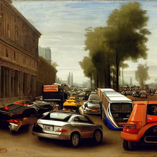 Image similar to gridlock traffic, bumper to bumper, painting by raphael