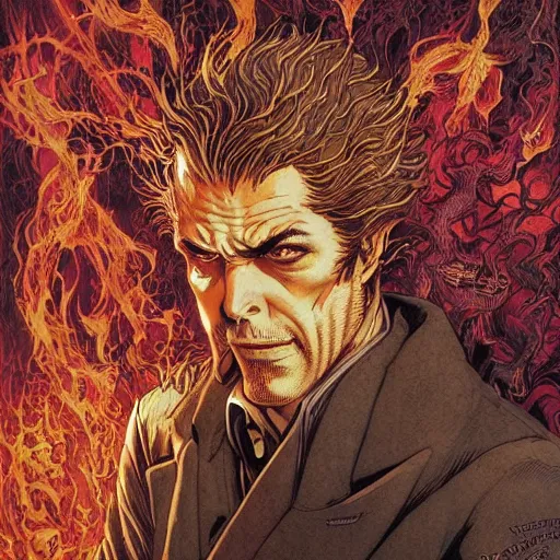 Image similar to portrait of john constantine in hell, symmetrical, by yoichi hatakenaka, masamune shirow, josan gonzales and dan mumford, ayami kojima, takato yamamoto, barclay shaw, karol bak, yukito kishiro