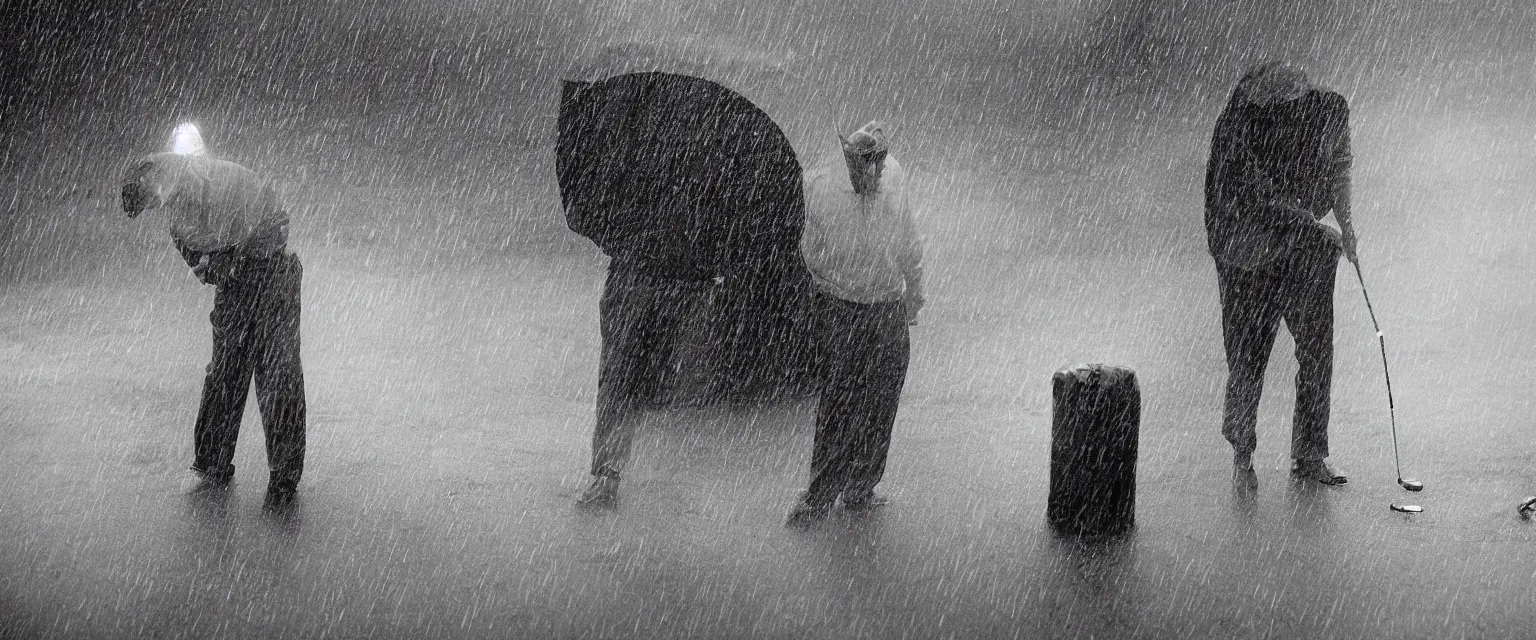 Prompt: detailed sharp photograph in the style of popular science circa 1 9 5 5 and gregory crewdson of a solitary man playing golf in the rain