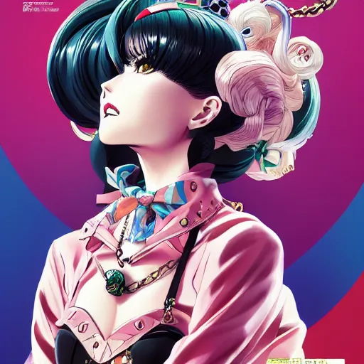 Image similar to Magazine Cover Anime key visual of a Gucci girl; official media; typography; drawn by Hirohiko Araki; Jojo's Bizarre Adventure; Jojolion, portrait, made by Stanley Artgerm Lau, WLOP, Rossdraws, James Jean, Andrei Riabovitchev, Marc Simonetti, Yoshitaka Amano, ArtStation