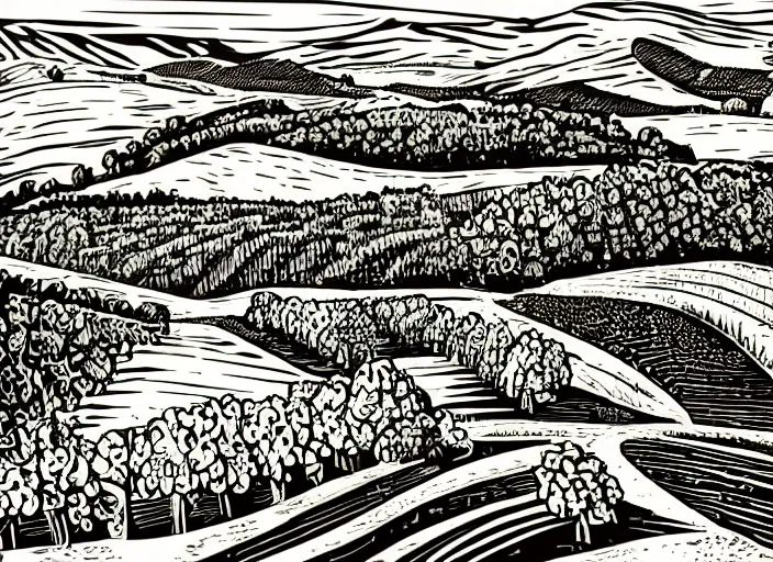 Image similar to wine label, vector graphic, linocut vineyard landscape by greg rutkowski, fine details, highly detailed