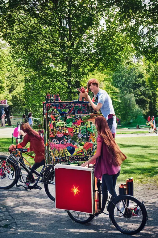 Image similar to band playing in the park with christiania cargobike. Summer. Cinematography, mega scans, cinematic, hyper realistic, photo realistic, cinematic composition, highly detailed, vray, 8k render