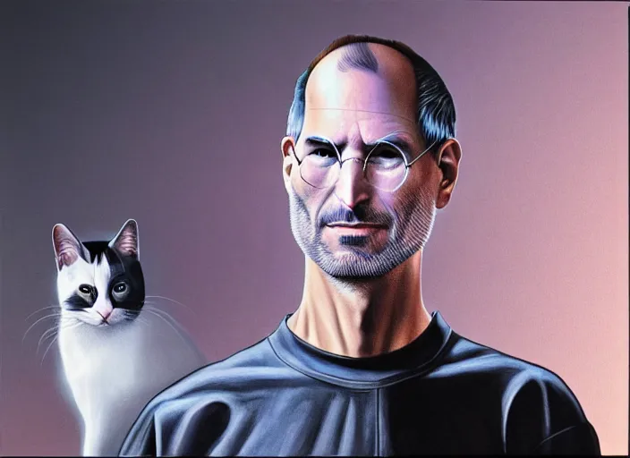 Prompt: steve jobs, a boy with purple hair and cat ears in front of the pyramids, hyperrealism, intricate, 8 k, high detail