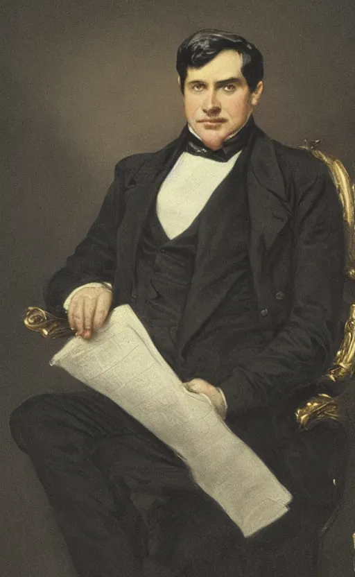 Prompt: official portrait of a victorian politician, wearing a suit, sitting down, detailed face, male in his 4 0 s, victorian, highly detailed, cinematic lighting, painting by thomas lawrence