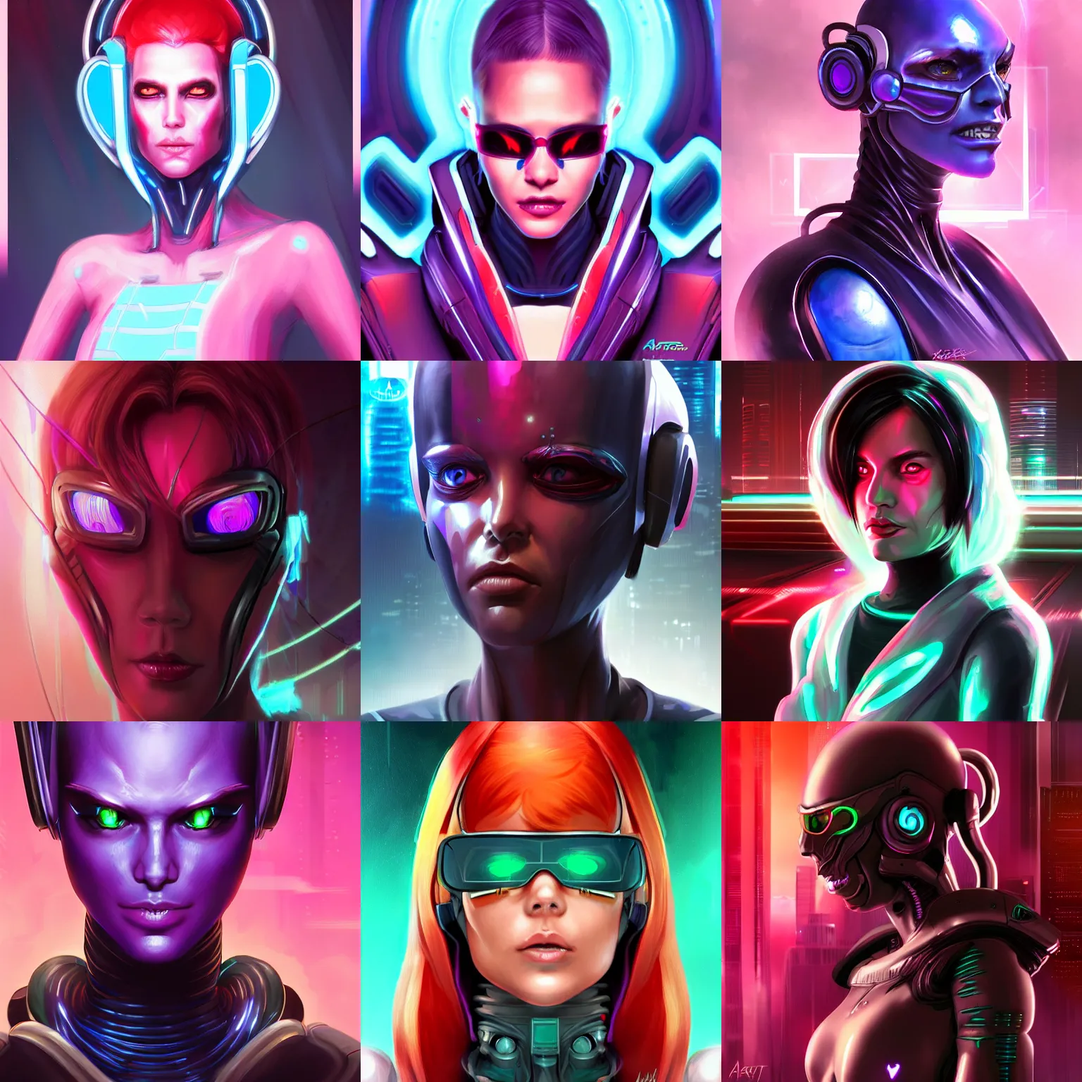 Prompt: a cyberpunk alien, a character portrait, synthwave by art artgerm, cg society contest winner, shock art, sci-fi, artstation hq, speedpainting