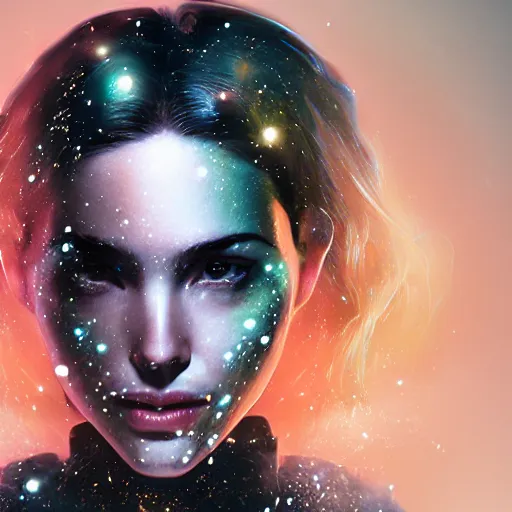 Prompt: woman portrait made out of galaxies, beautiful, cyborg, comic book art, realistic, highly detailed, octane render