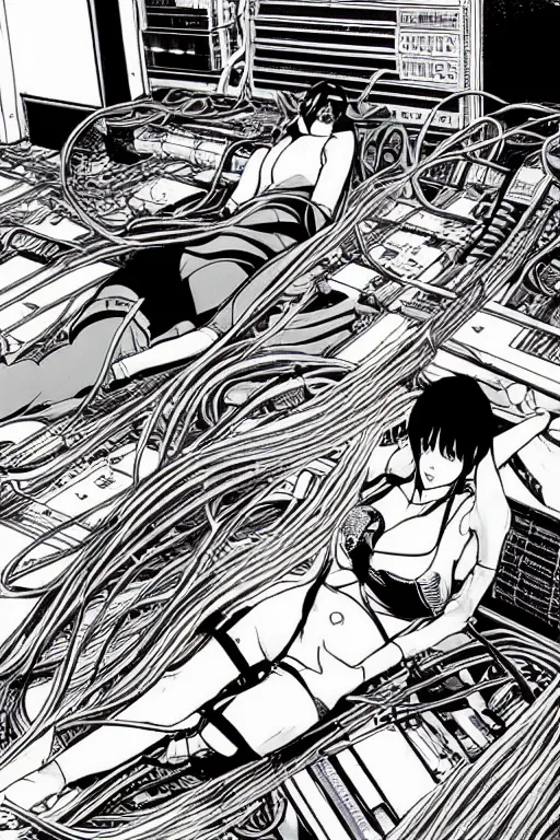 Image similar to a hyper-detailed cyberpunk illustration motoko kusanagi lying body open over an empty floor, with a mess of cables and wires coming out, by masamune shirow and katsuhiro otomo