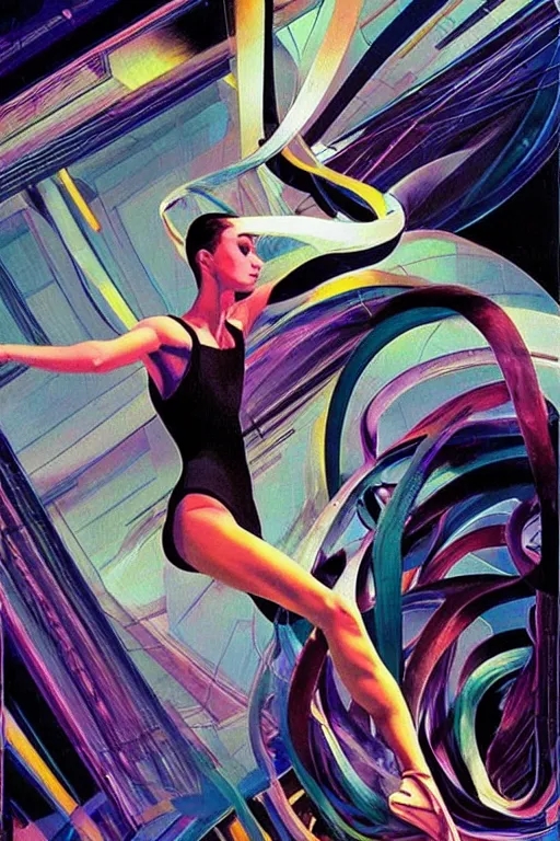 Prompt: wideangle portrait, a wild beautiful ballet dancer tangled in the tendrils of reality, madness, decoherence, synthwave, glitch!!, fractured reality, vortex, realistic, hyperdetailed, concept art, art by syd mead, cubism