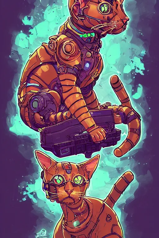 Prompt: a study of cell shaded portrait of a cybertronic cat as Borderlands 3 concept art, llustration, post grunge, concept art by josan gonzales and wlop, by james jean, Victo ngai, David Rubín, Mike Mignola, Laurie Greasley, highly detailed, sharp focus, alien, Trending on Artstation, HQ, deviantart, art by artgem