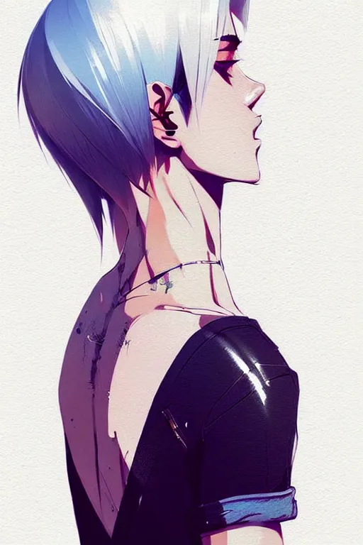 Image similar to a ultradetailed beautiful back painting of a stylish woman with white hair in a short pony tail, she is wearing jeans, by conrad roset, greg rutkowski and makoto shinkai trending on artstation