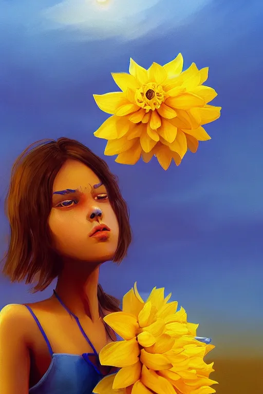 Image similar to closeup girl with huge yellow dahlia flower face, on beach, surreal photography, blue sky, sunrise, dramatic light, impressionist painting, digital painting, artstation, simon stalenhag