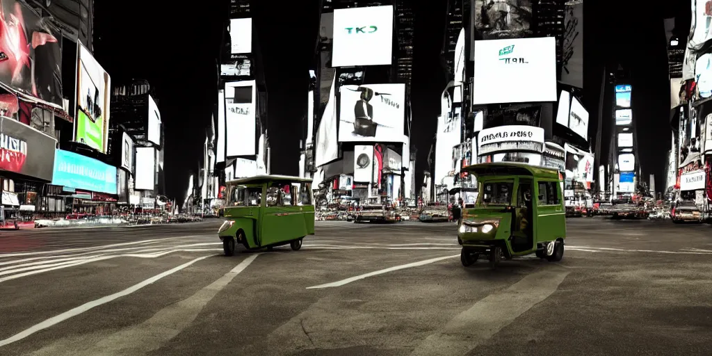 Image similar to a green tuk tuk in Times Square at night, moody, dramatic lighting, cinematic, matte painting, concept art, 4k