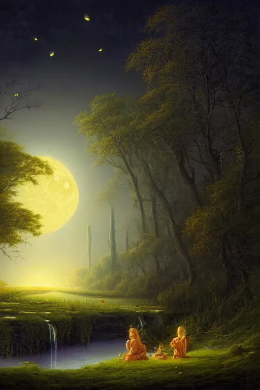 Image similar to a beautiful digital illustration painting of a detailed gothic fantasy secret calm creek babbling brooke cows drinking moon in sky fireflies, by benoit b. mandelbrot, steven belledin, martin johnson heade, lee madgwick, caspar david friedrich, and david rios ferreira. 8 k resolution trending on artstation concept art digital illustration