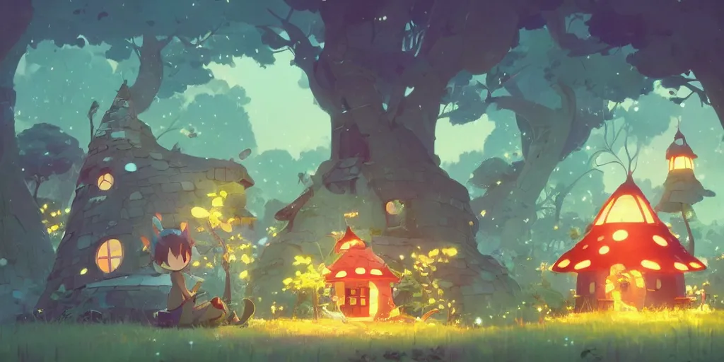 Image similar to small fairy mushroom house, by cory loftis & akihiko yoshida & james gilleard & atey ghailan & makoto shinkai & goro fujita & studio ghibli, rim light, exquisite lighting, clear focus, magic atmosphere, lights, night, very coherent, plain background, soft painting