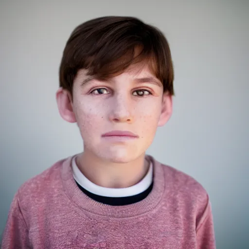 Prompt: closeup portrait of 9 year old boy, thick lips, pink face, thin eyebrows, short light brown hair