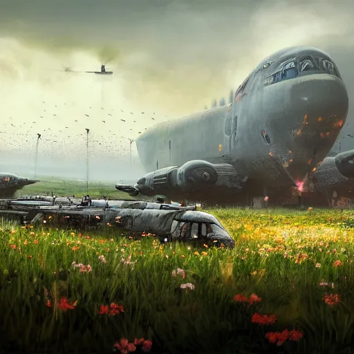 Prompt: a flower growing in battlefield 4 with a lockheed hc - 1 3 0 by simon stalenhag and robbert sammelin and eric persson, 4 k, hd wallpaper, hdr, tonemapping, detailed, atmospheric, majestical lighting, saturated, wet