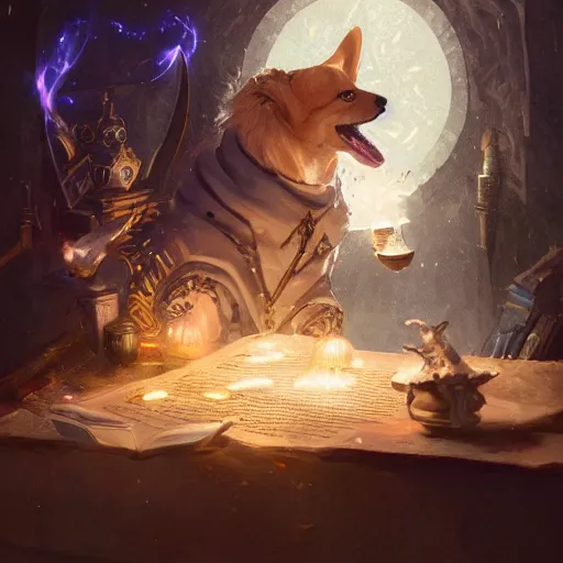 Prompt: corgi mage, d & d character, intricate robes, glowing runes, spell effects, magical, mystical, fantasy, highly detailed, hyperrealistic, beautiful digital painting, greg rutkowski, trending on artstation