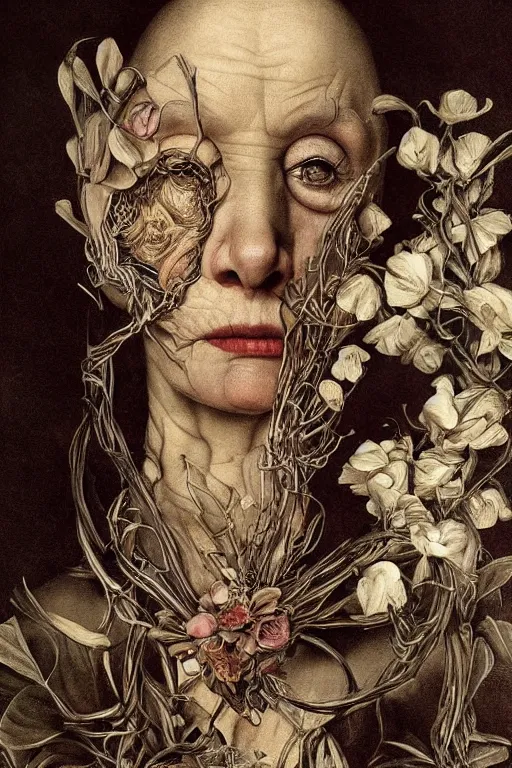 Image similar to Detailed maximalist portrait of a beautiful old woman with large lips and eyes, scared expression, botanical skeletal with extra flesh, HD mixed media, 3D collage, highly detailed and intricate, surreal illustration in the style of Caravaggio, dark art, baroque, centred in image